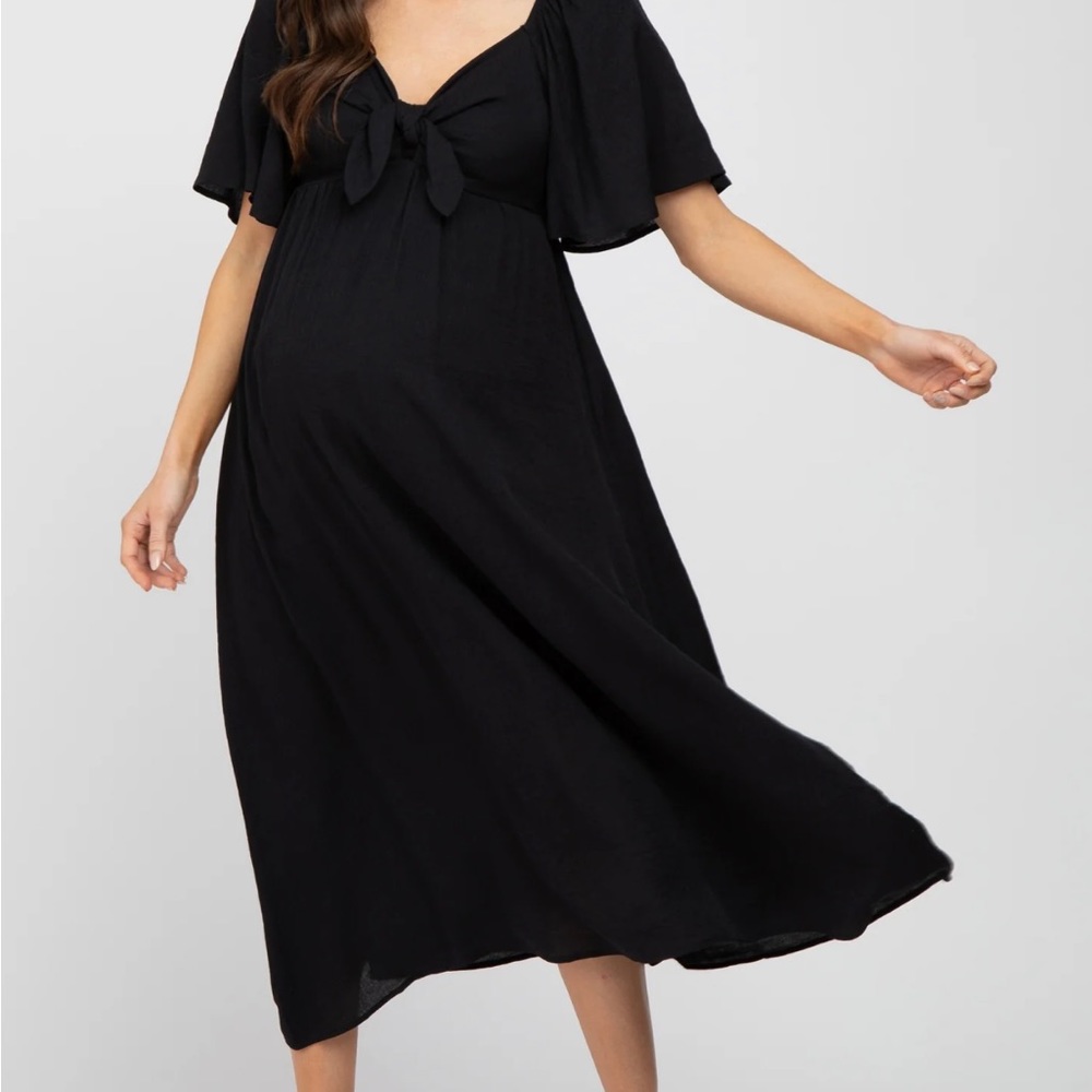 Black Front Tie Ruffle Sleeve Maternity Midi Dress Large